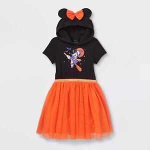 Disney Minnie Mouse Halloween Witch Dress Size L 10-12 Hood Ears Orange Tulle